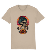 Beige t-shirt with a skull wearing a beanie and sunflower design on a white background