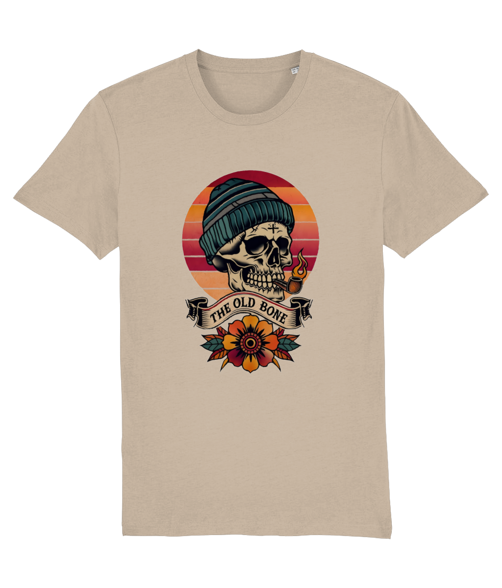 Beige t-shirt with a skull wearing a beanie and sunflower design on a white background