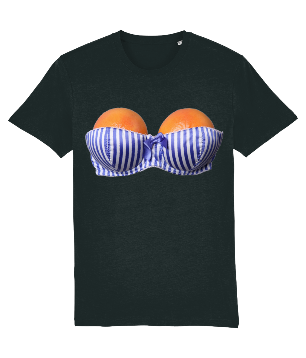 Black t-shirt with a graphic of oranges in a blue and white striped bikini top on a white background