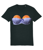 Black t-shirt with a graphic of oranges in a blue and white striped bikini top on a white background