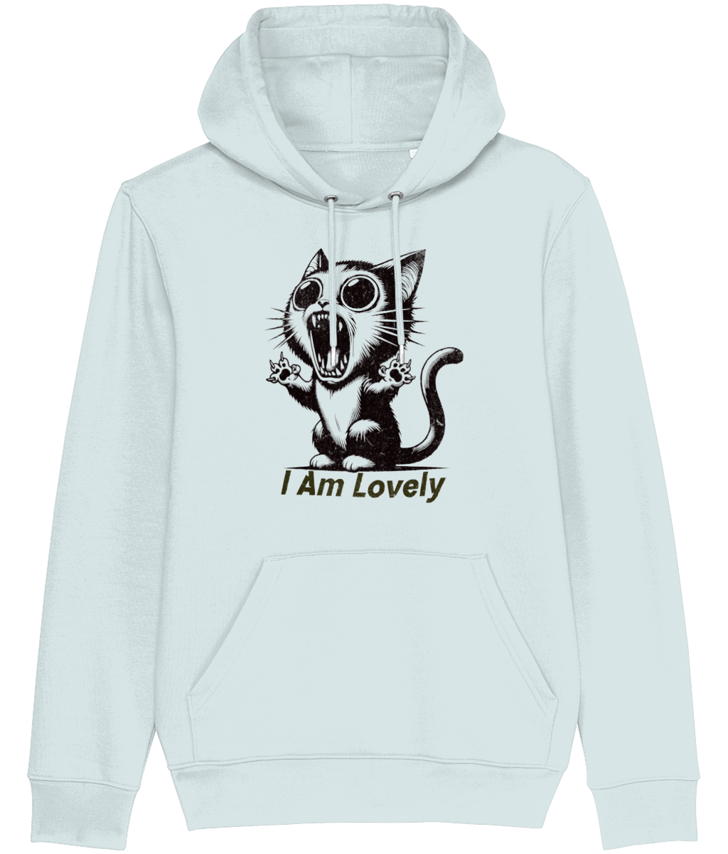 Women's Light blue hoodie with a graphic of a cat and 'I Am Lovely' text on a white background