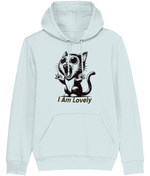 Women's Light blue hoodie with a graphic of a cat and 'I Am Lovely' text on a white background