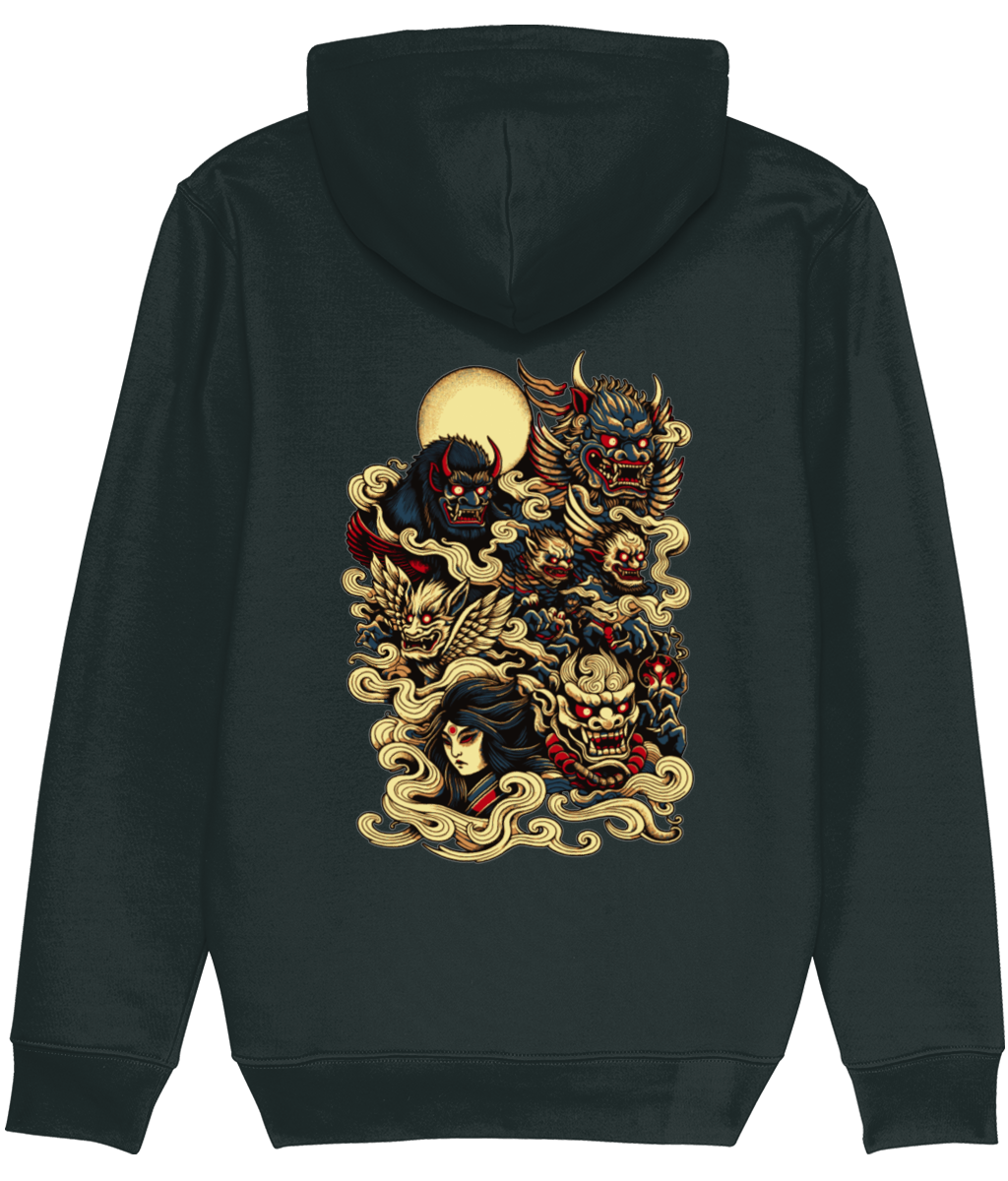 A Stanley/Stella Cruiser dark charcoal gray hoodie shown from the back, featuring a large, detailed graphic print of various Japanese-style demons, skulls, and clouds in beige, red, and gold tones.