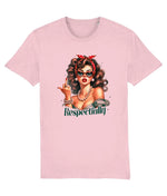 Women's Pink t-shirt with a graphic of a woman and the word 'Respectfully' on a white background