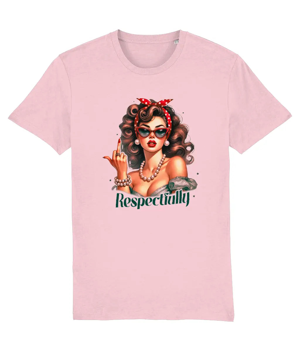Women's Pink t-shirt with a graphic of a woman and the word 'Respectfully' on a white background