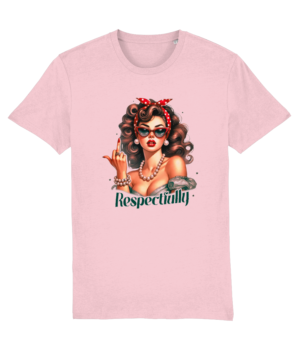 Women's Pink t-shirt with a graphic of a woman and the word 'Respectfully' on a white background