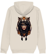 A womens light beige hooded sweatshirt shown from the back, featuring a large graphic print of a tiger's face merging with a woman's braided hair and face paint.