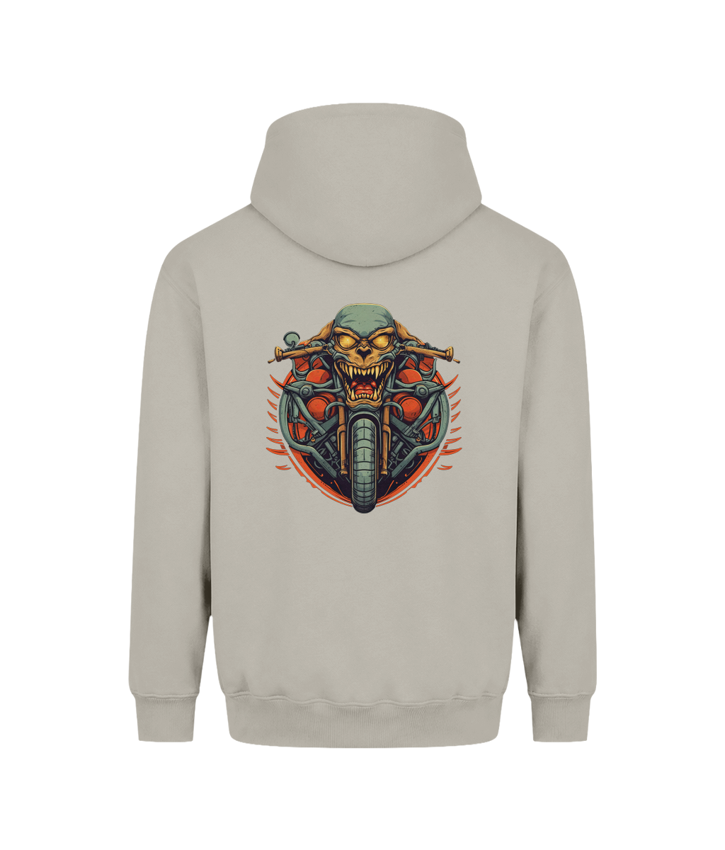 A light beige hoodie shown from the back, featuring a large graphic print of a skull riding a motorcycle with red and orange flames.