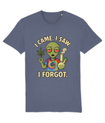 Blue t-shirt with an alien graphic and text 'I Came. I Saw. I Forgot.' on a white background