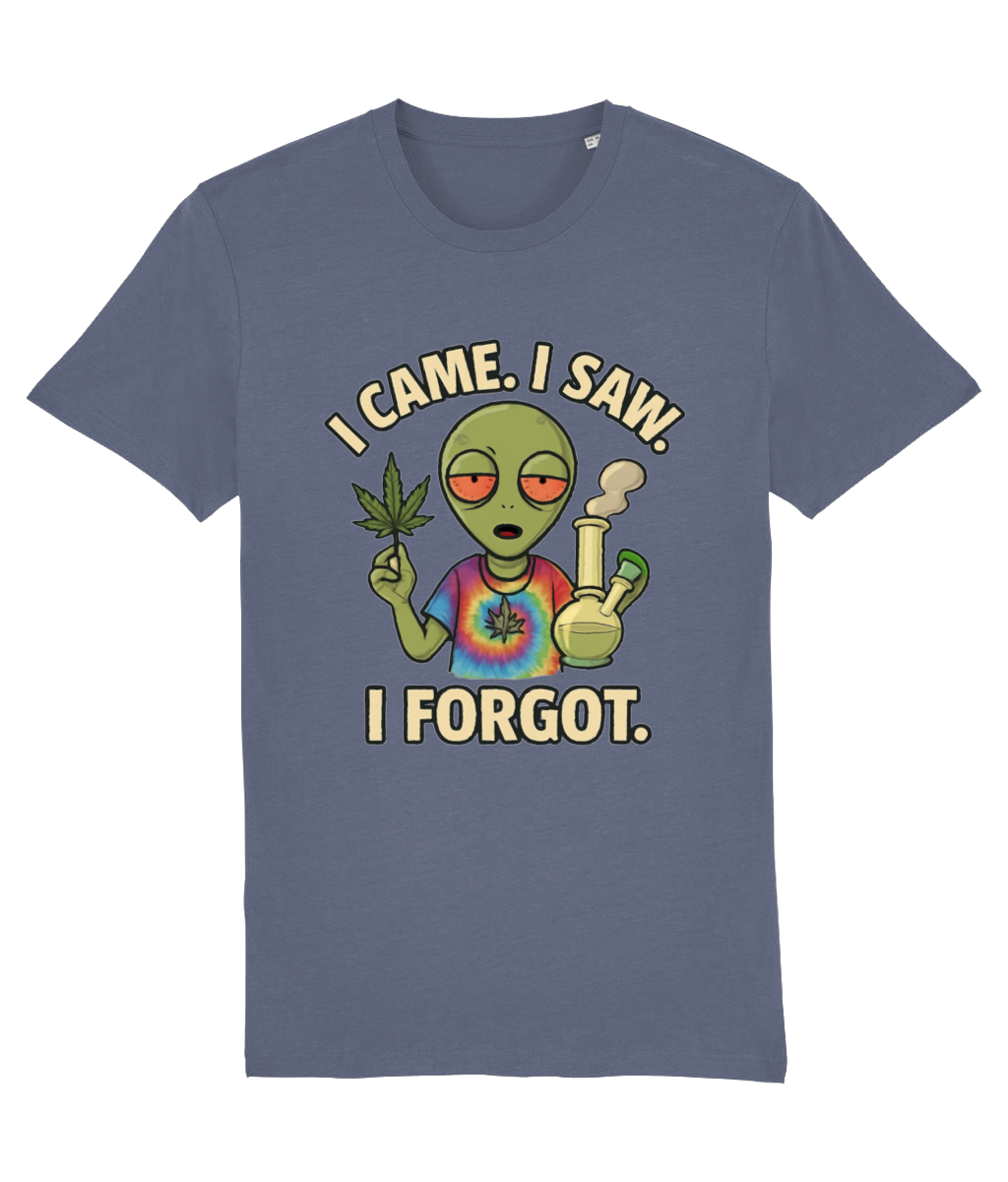 Blue t-shirt with an alien graphic and text 'I Came. I Saw. I Forgot.' on a white background