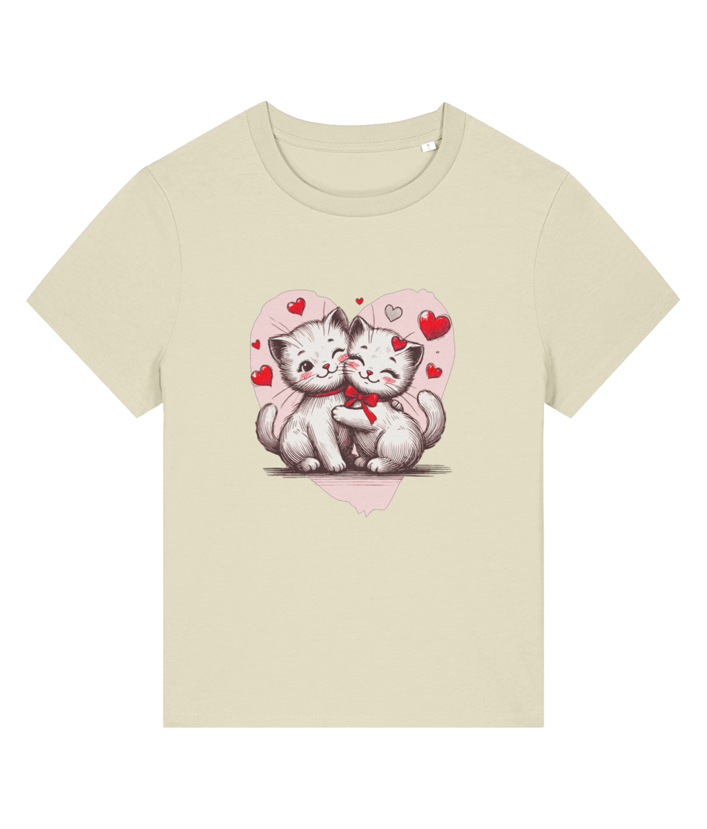A womens Stanely/Stella Muser light beige short-sleeve crewneck t-shirt featuring a cute graphic print of two hugging white kittens inside a pink heart with red hearts.