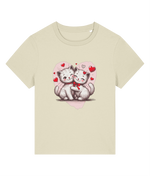 A womens Stanely/Stella Muser light beige short-sleeve crewneck t-shirt featuring a cute graphic print of two hugging white kittens inside a pink heart with red hearts.