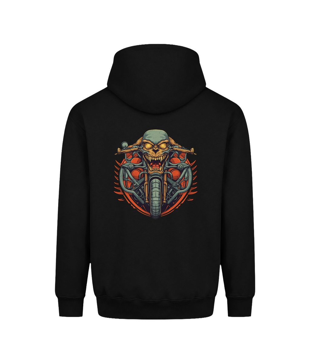A black pullover hoodie shown from the back, featuring a large graphic print of a skull riding a motorcycle with red and orange flame-like accents.