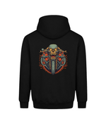 A black pullover hoodie shown from the back, featuring a large graphic print of a skull riding a motorcycle with red and orange flame-like accents.