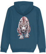 Women's Blue hoodie with a white tiger design on the back against a white background