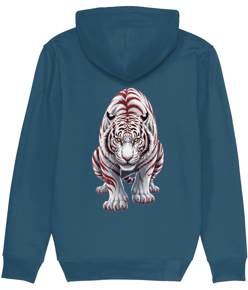 Women's Blue hoodie with a white tiger design on the back against a white background