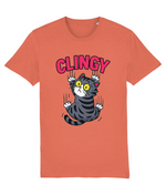 Women's Orange t-shirt with a cat graphic and 'CLINGY' text on a white background
