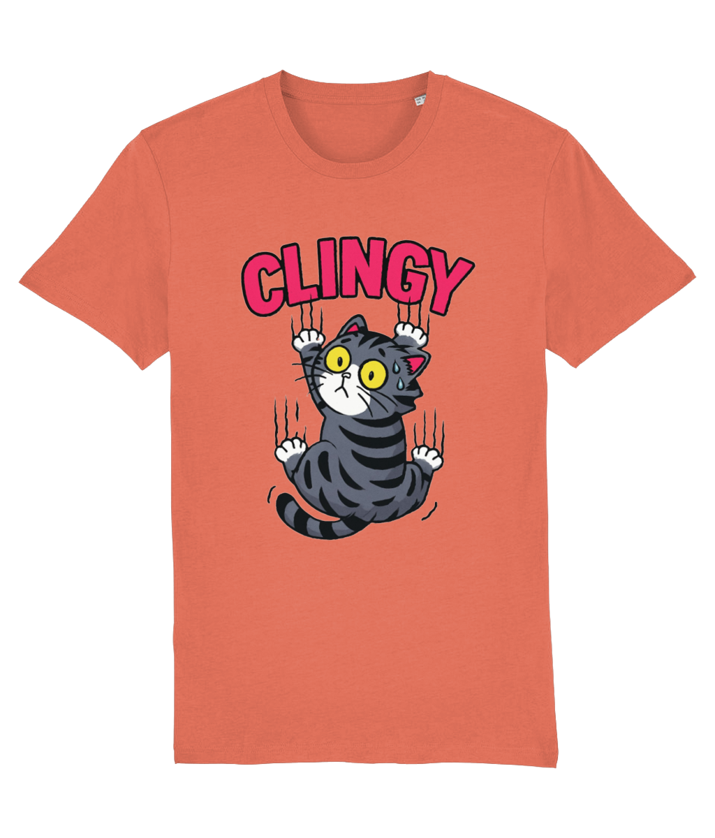 Women's Orange t-shirt with a cat graphic and 'CLINGY' text on a white background