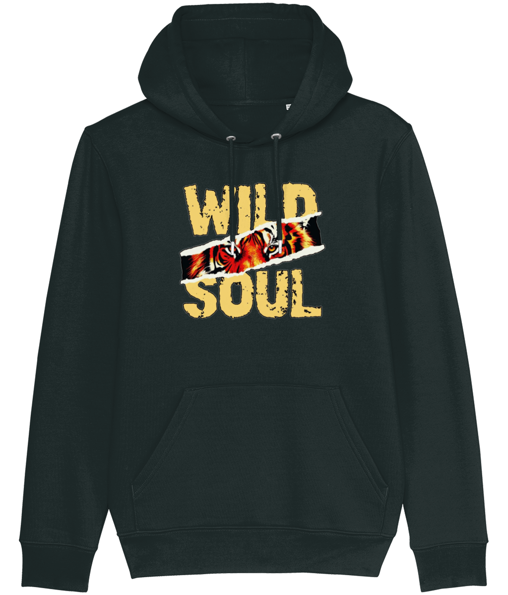 Black hoodie with 'Wild Soul' text and graphic on a white background