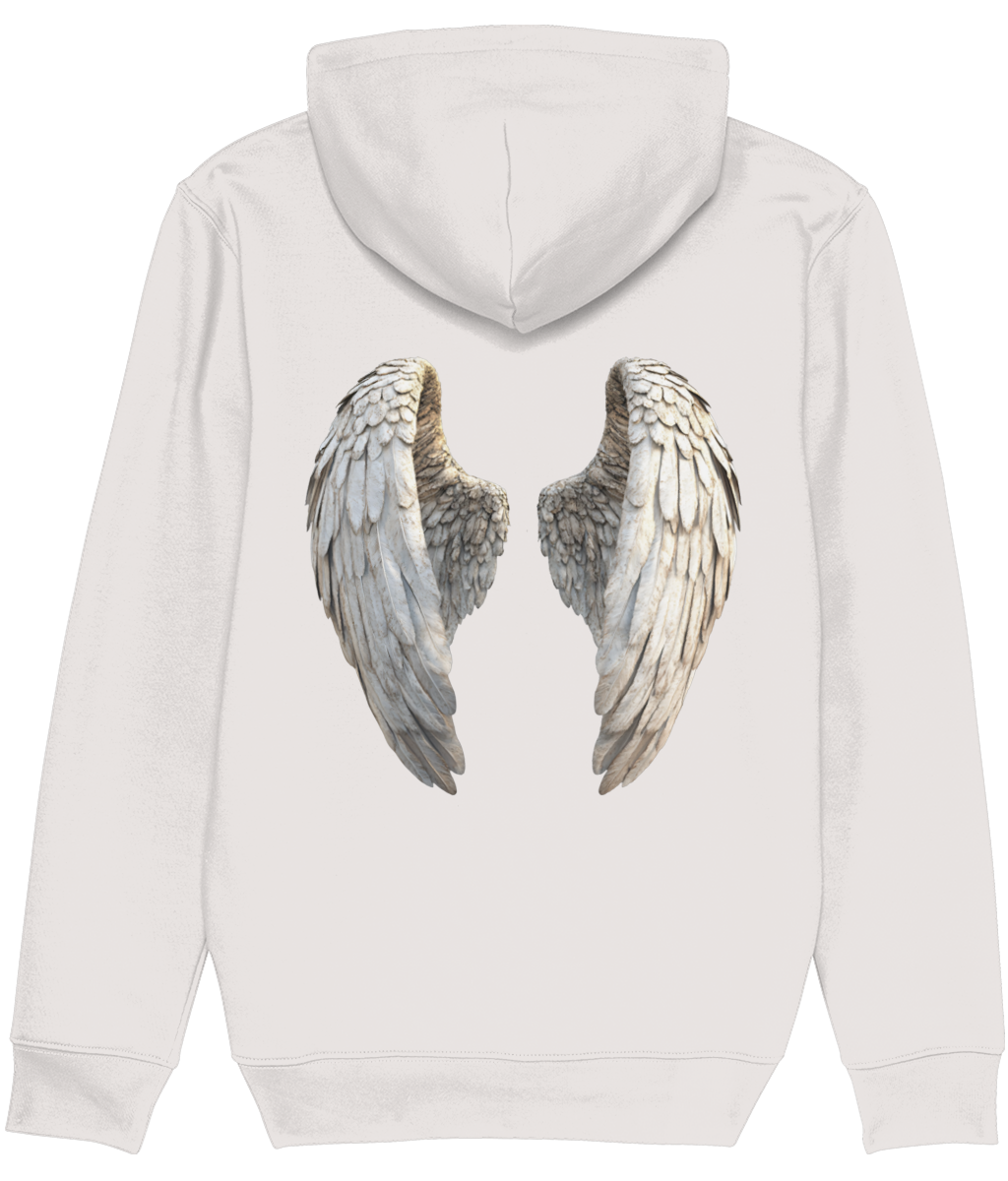 White hoodie with angel wings design on the back against a white background
