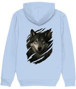 Women's Light blue hoodie with a wolf graphic on the back against a white background