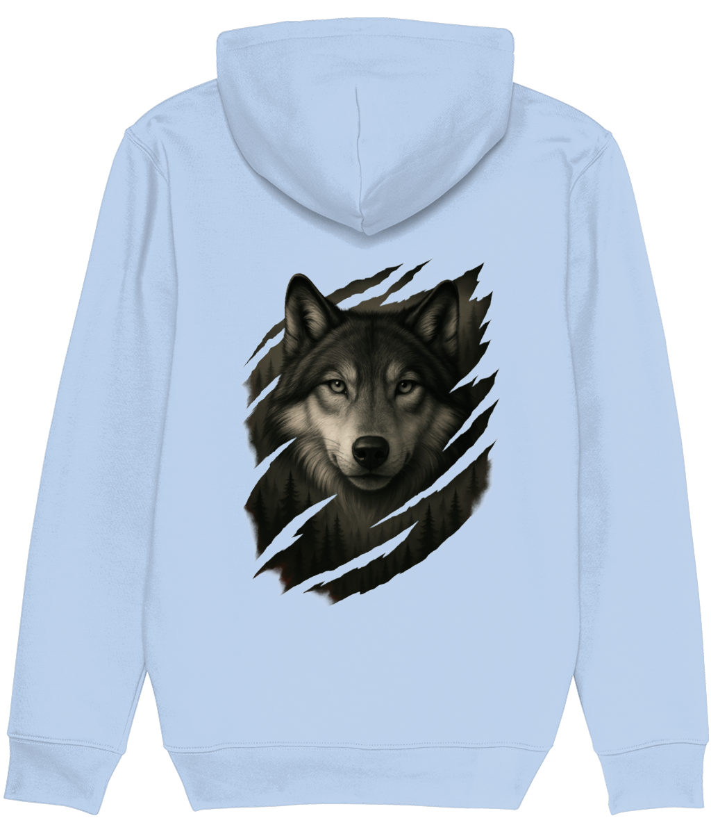 Women's Light blue hoodie with a wolf graphic on the back against a white background