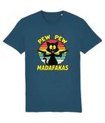 Blue t-shirt with a graphic of a cat holding guns and text 'Pew Pew Madafakas' on a white background