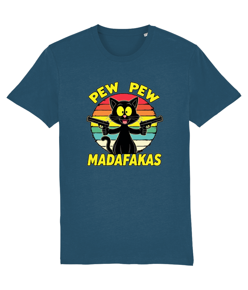 Blue t-shirt with a graphic of a cat holding guns and text 'Pew Pew Madafakas' on a white background