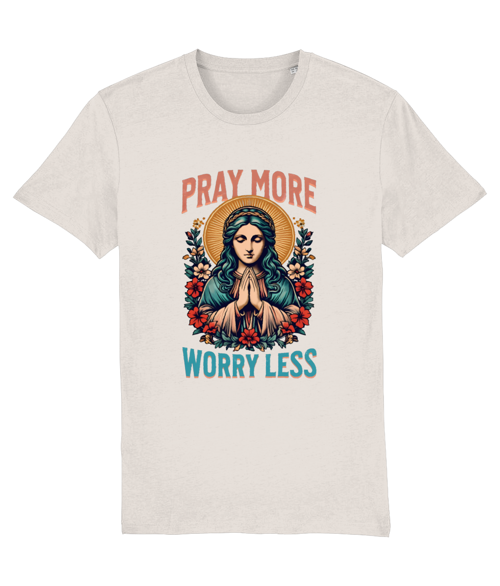 Women's T-shirt with a graphic of a woman praying, surrounded by flowers, and text 'Pray More Worry Less' on a white background.