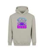 A bold men’s graphic hoodie designed for cannabis and weed lovers. The colorful cannabis leaf design combines bright green, purple, and pink tones with the words “Just a Man Who Loves Weed,” giving the hoodie a fun and distinctive look. 