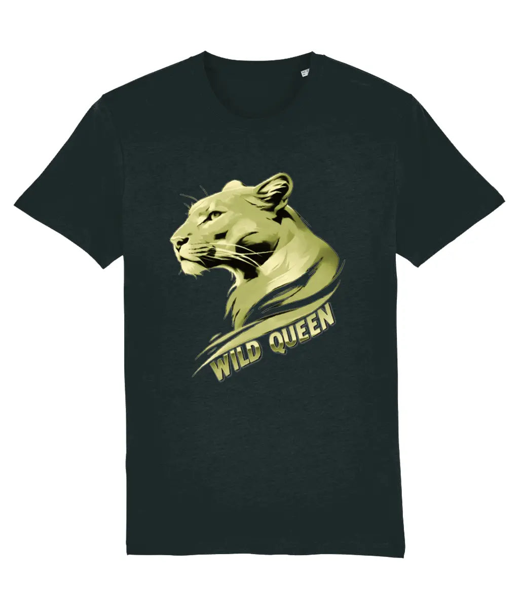 Women's Black t-shirt with a gold lion graphic and 'Wild Queen' text on a white background