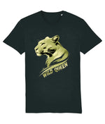 Women's Black t-shirt with a gold lion graphic and 'Wild Queen' text on a white background