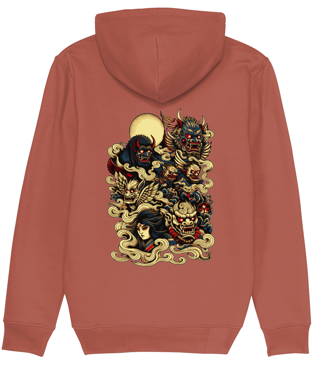 A terracotta-colored hoodie shown from the back, featuring a large, detailed graphic print of various Japanese Oni demons and skulls amidst swirling golden clouds.