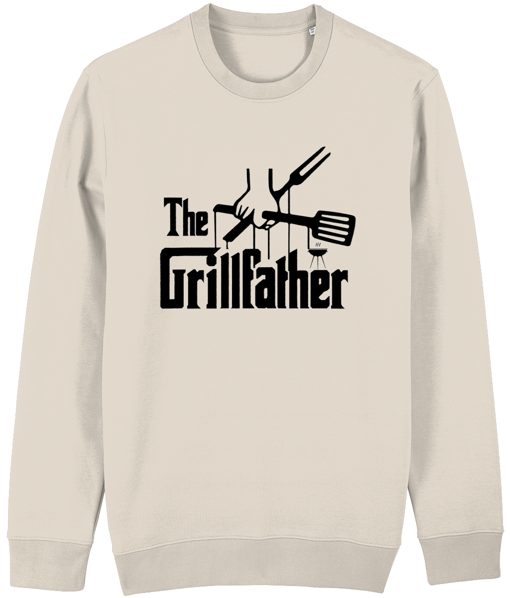 Men's Beige sweatshirt with 'The Grillfather' graphic design on a white background