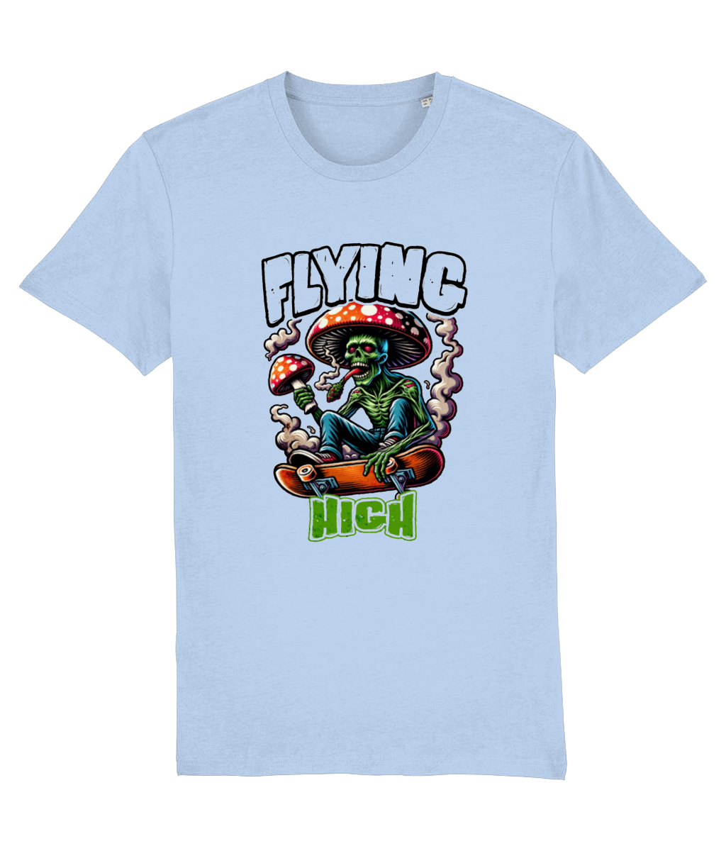 Light blue t-shirt with a graphic design of a skeleton on a skateboard with mushrooms and text 'Flying High'.