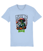 Light blue t-shirt with a graphic design of a skeleton on a skateboard with mushrooms and text 'Flying High'.