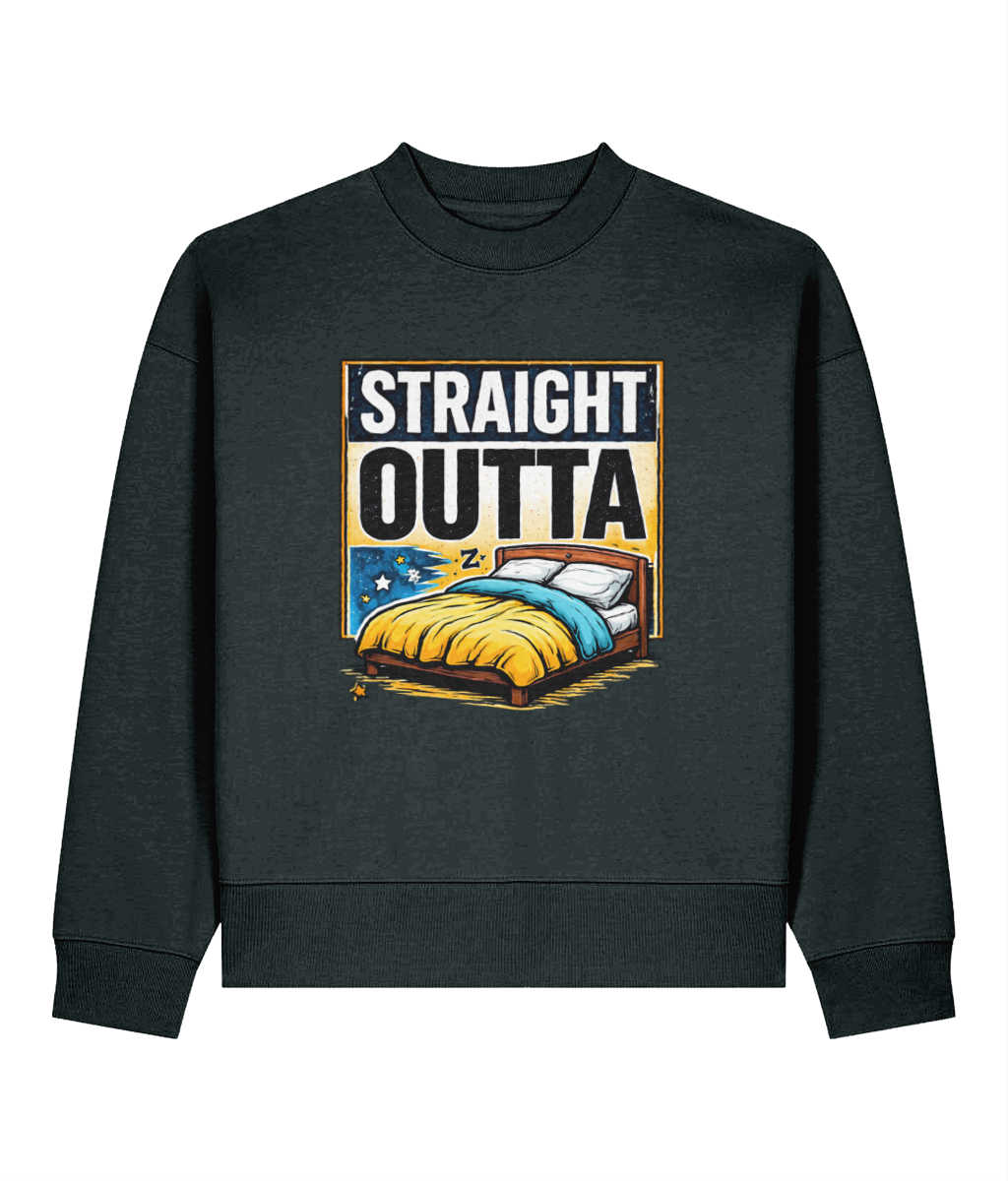 A dark charcoal gray crewneck sweatshirt featuring a graphic print on the front with the text 'STRAIGHT OUTTA' above an illustration of a bed with yellow and blue bedding.