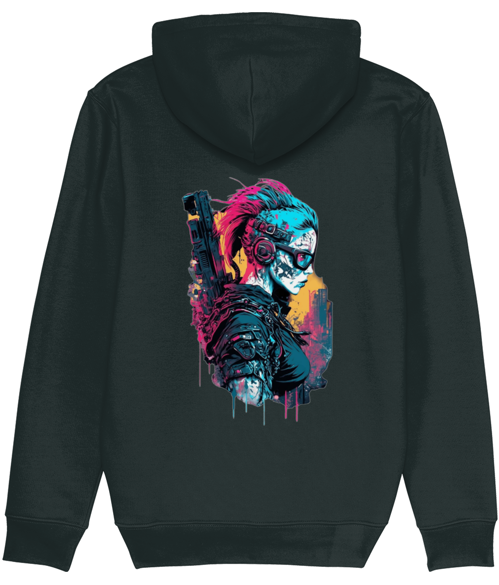 Men's Black hoodie with a colorful graphic design on the back against a white background