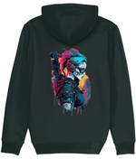 Men's Black hoodie with a colorful graphic design on the back against a white background