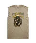 A sleeveless crewneck t-shirt in heathered tan, featuring a graphic print of a muscular bear chained down with the text 'Savage Strength' in yellow and green.