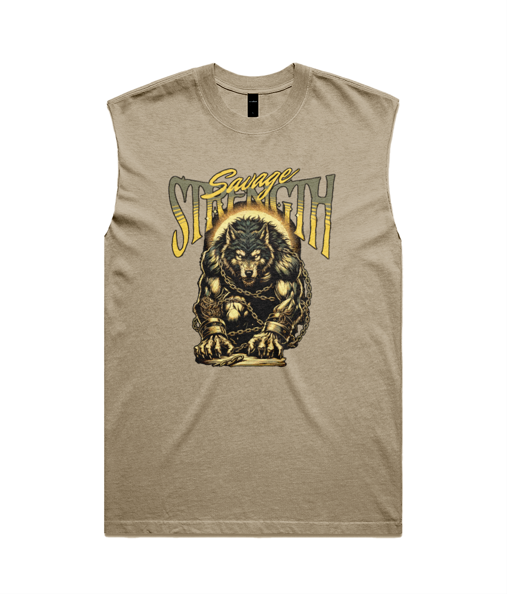 A sleeveless crewneck t-shirt in heathered tan, featuring a graphic print of a muscular bear chained down with the text 'Savage Strength' in yellow and green.