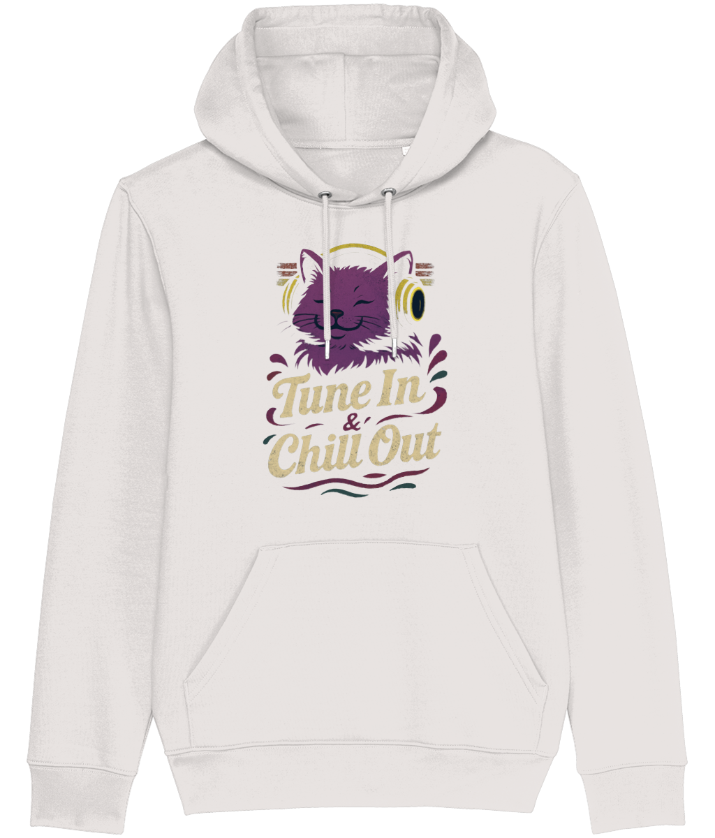 Women's White hoodie with a cat graphic and text 'Tune In & Chill Out' on a white background