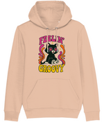 Beige hoodie with a cat graphic and 'Feelin' Groovy' text on a white background