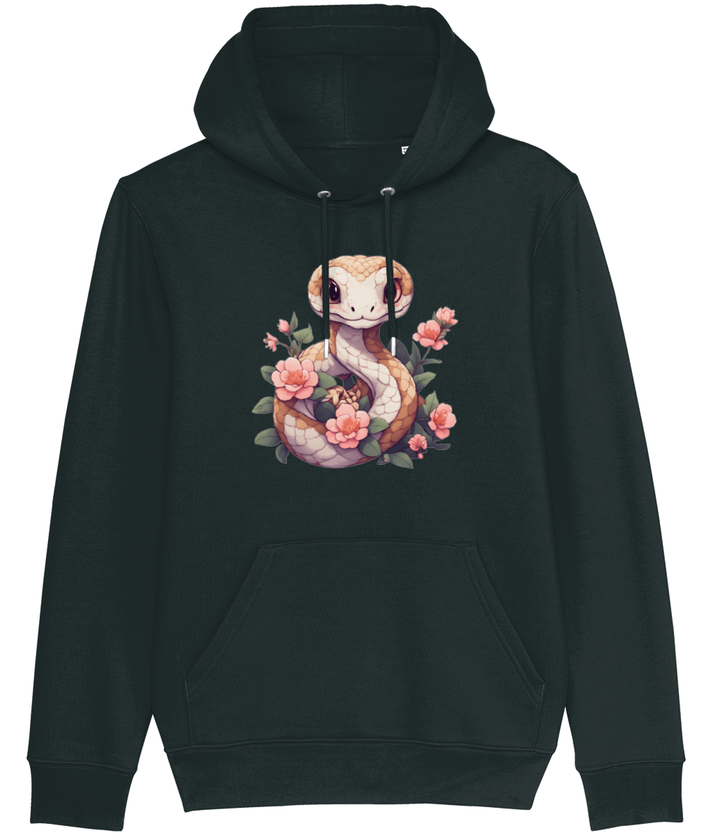 Women's Black hoodie with a snake and floral design on a white background