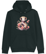 Women's Black hoodie with a snake and floral design on a white background