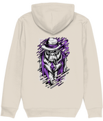 Men's Beige hoodie with a graphic design of a monkey in a hat on the back, set against a white background.