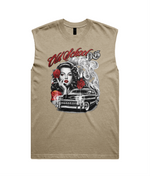 Mens tank top with a graphic print featuring a pin-up woman, red roses, a black car, and the text 'All School 76' in red and black, displayed on a solid white background