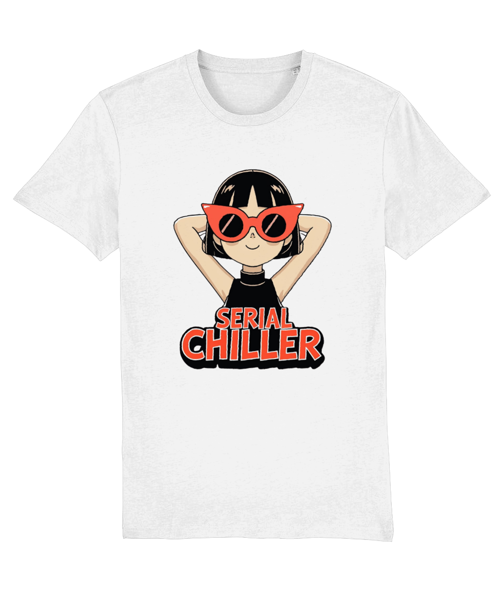 women's White t-shirt with a graphic of a person wearing sunglasses and 'Serial Chiller' text on a white background