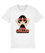 women's White t-shirt with a graphic of a person wearing sunglasses and 'Serial Chiller' text on a white background