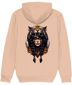 A womens light peach-colored hoodie shown from the back, featuring a large graphic print of a tiger head with black braided hair and face paint on the center back.
